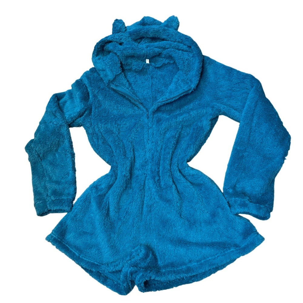 NWOT Womens Fuzzy Faux Fur Comfort Hooded Loungwear Romper Sleepwear Blue 3XL